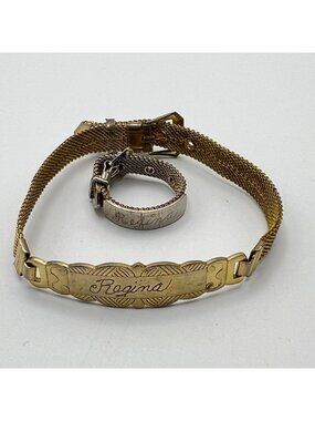 Vintage Gold Tone ID Bracelet Ring Set "Regina" Mesh Belt Buckle Adjustable